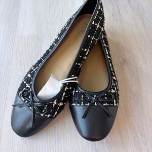 J.Crew Tweed Ballet Flats Black White Leather Cap Toe Bow CA780 Womens 8 NEW